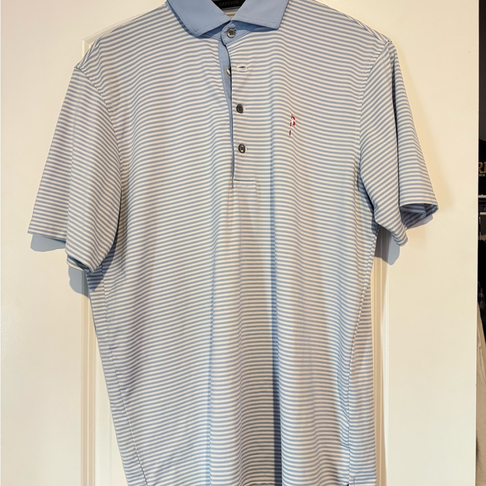 Greyson Light Blue and White Striped Polo Shirt